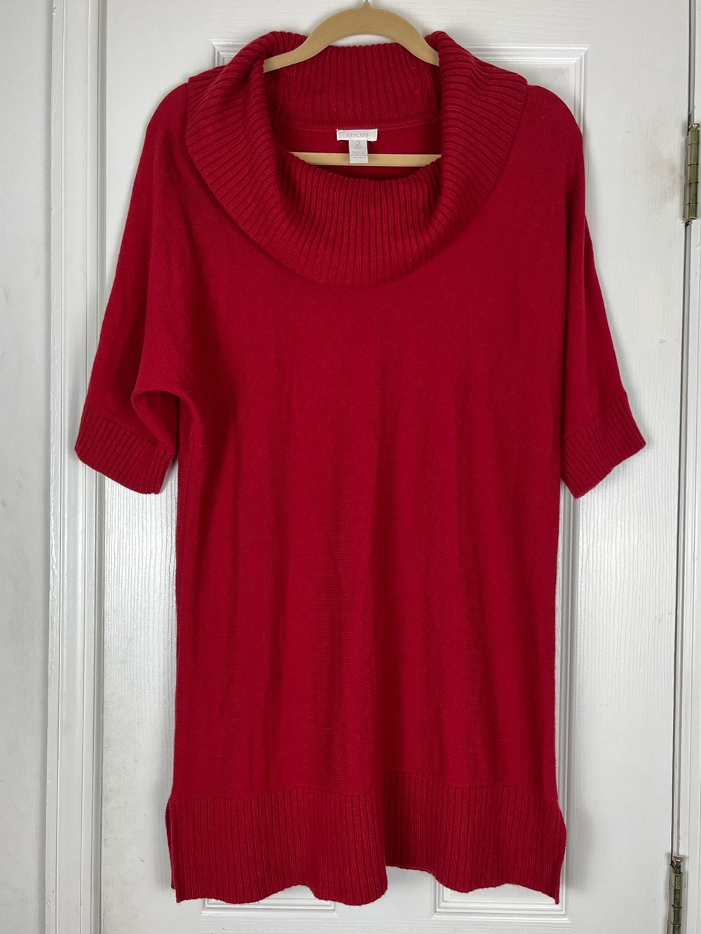 Chico’s Women’s Pullover Red Sweater Cowl Neck Tunic Rabbit Hair